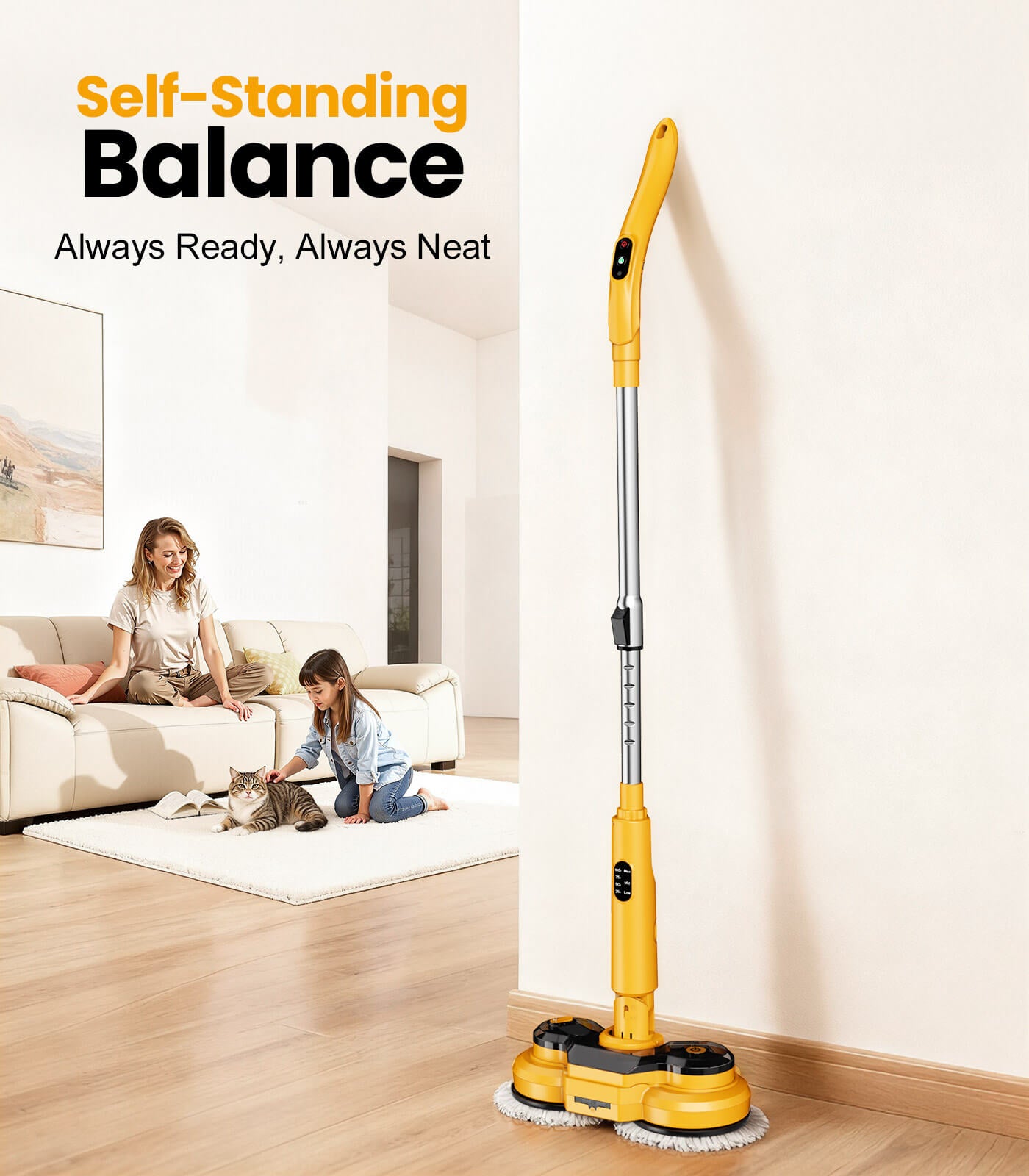 Qimedo M2 self-standing electric mop beside sofa in modern home.