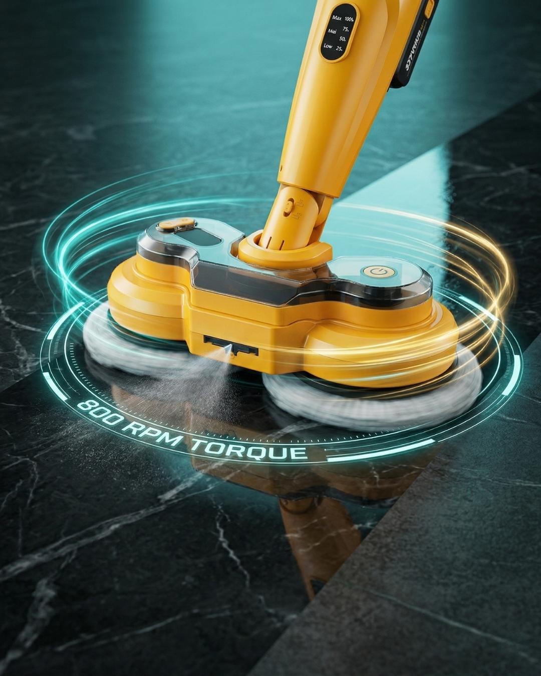Close-up of Qimedo M3 cordless cleaning brush head efficiently removing stains on tile surface.