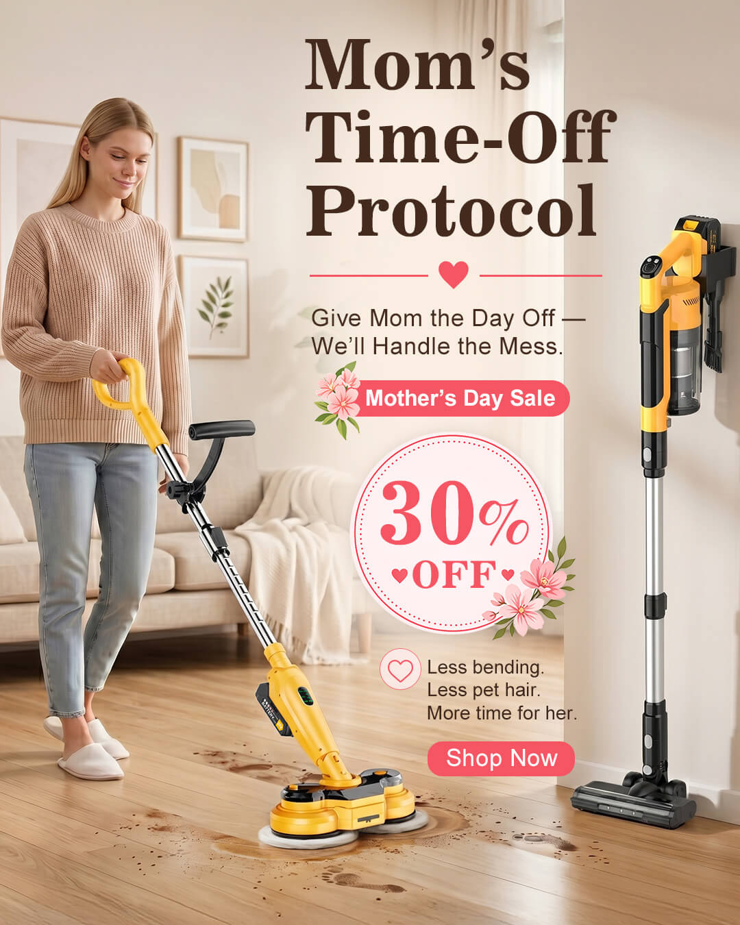 Qimedo M3 home cleaner elegantly displayed in a warm, clean living room for the Give Mom the Day Off Mother's Day campaign.

