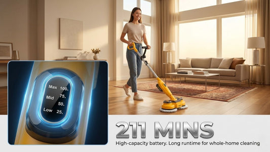 Digital LED display on the Qimedo M3 Pro showing battery life, capable of up to 211 minutes of continuous whole-home cleaning on a single charge.