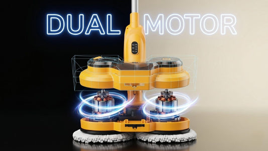 Exploded x-ray view of the Qimedo M3 Pro electric mop base, revealing the powerful internal dual motor system for heavy-duty scrubbing.