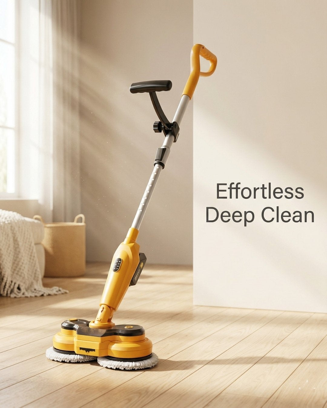 Qimedo M3 Pro electric mop in a warm, clean living room with soft daylight.