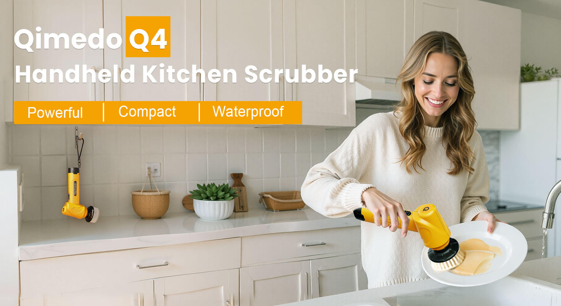A smiling woman easily cleaning a dish in a modern kitchen with the Qimedo Q4 handheld electric scrubber