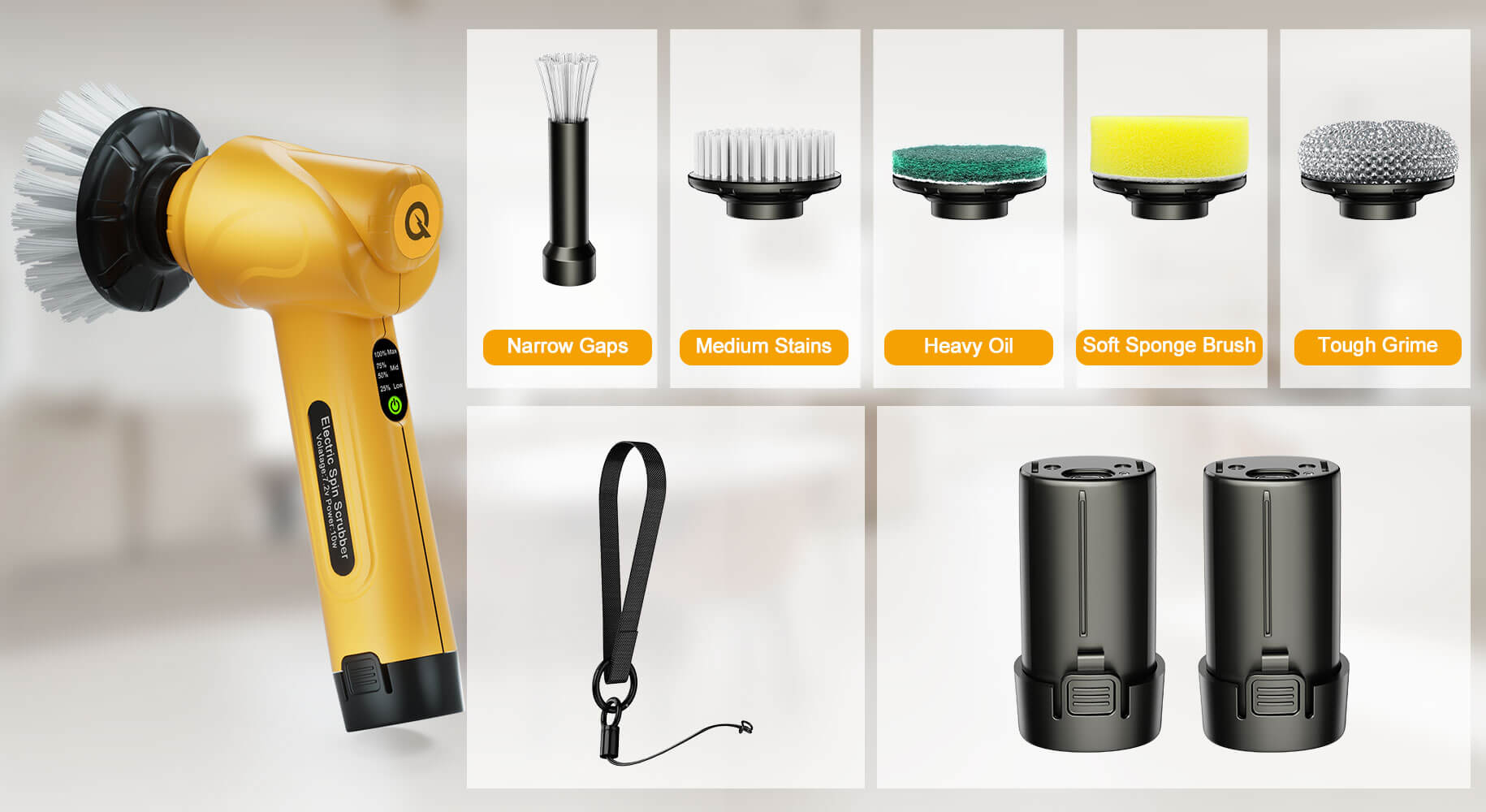 The complete Qimedo scrubber accessories kit, including the main device, multiple brush heads for different stains, a hanging strap, and two swappable batteries.