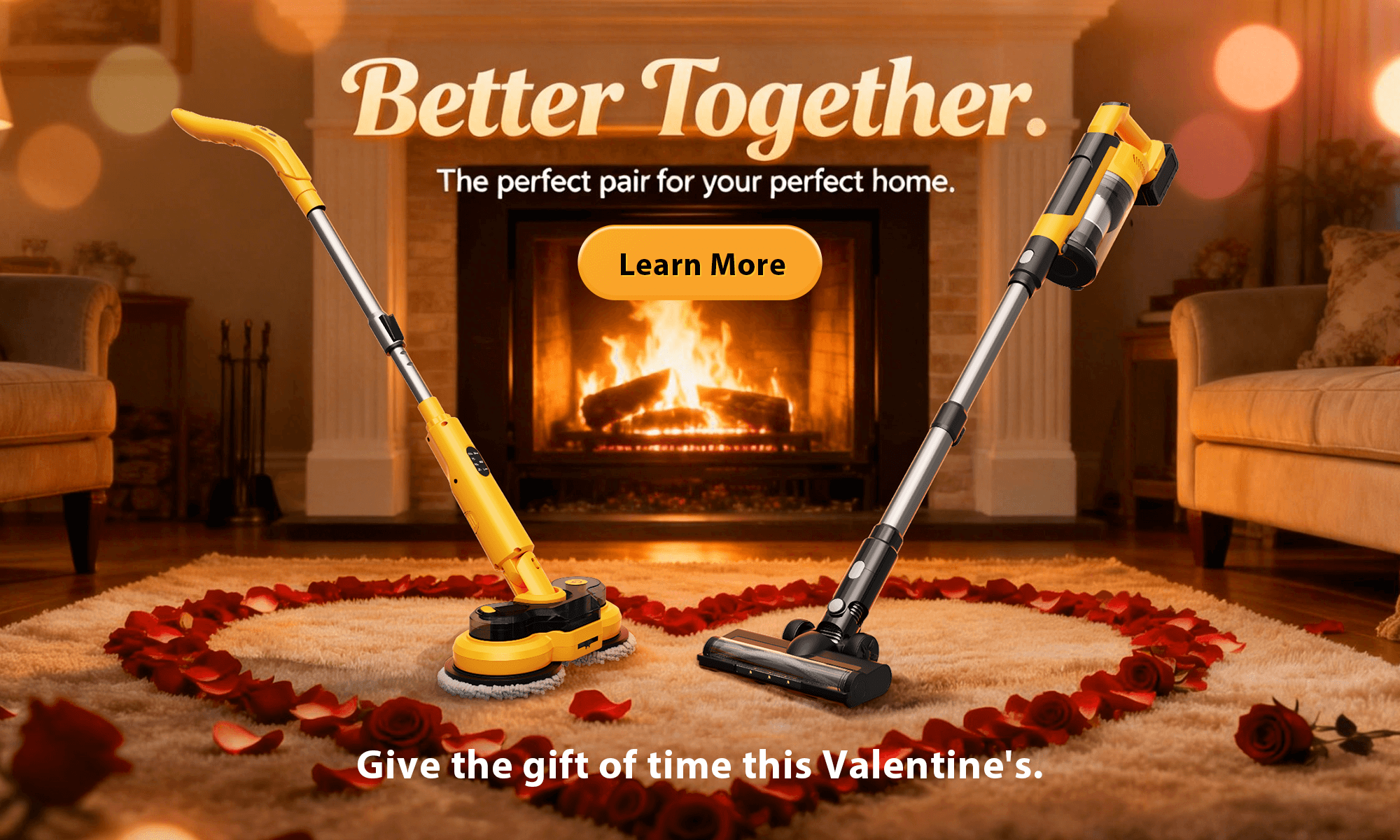 Qimedo Valentine's Day gift set featuring a yellow cordless vacuum and electric spin scrubber in front of a fireplace with heart-shaped rose petals on the rug.