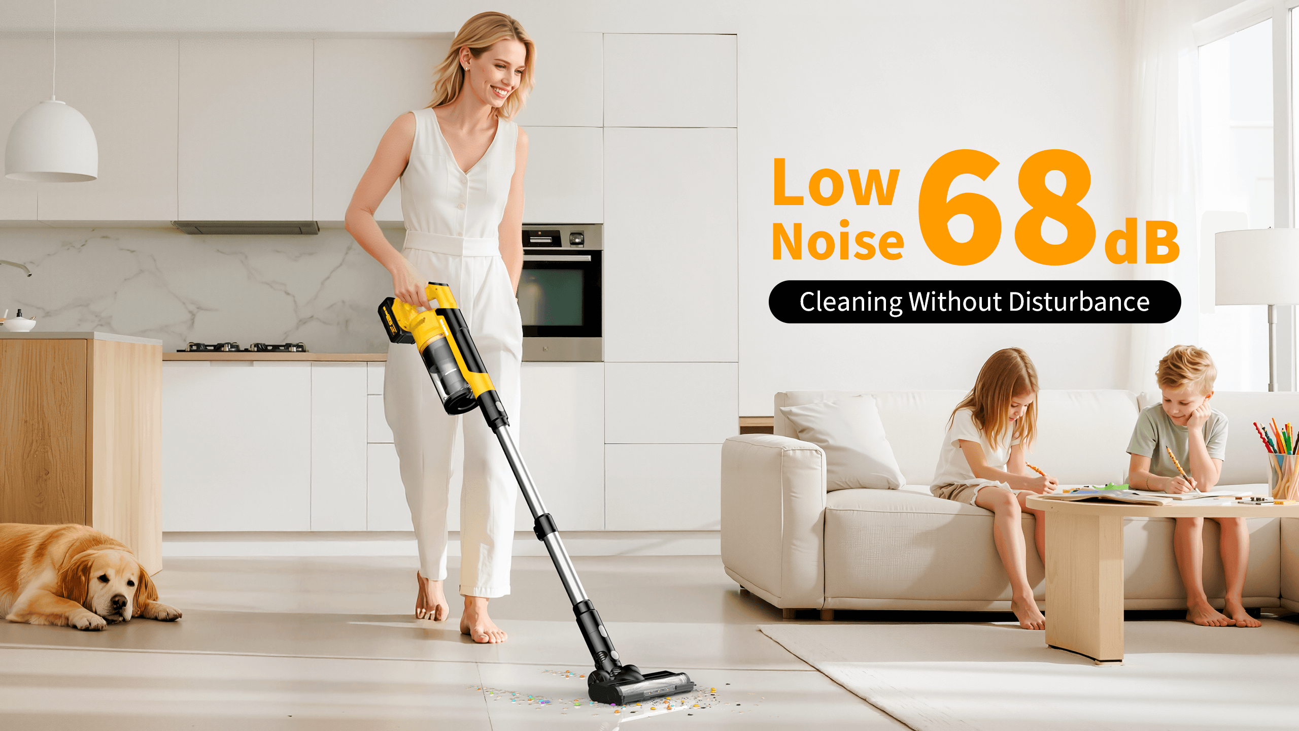 Qimedo cordless vacuum operating at 68dB quiet mode in family home