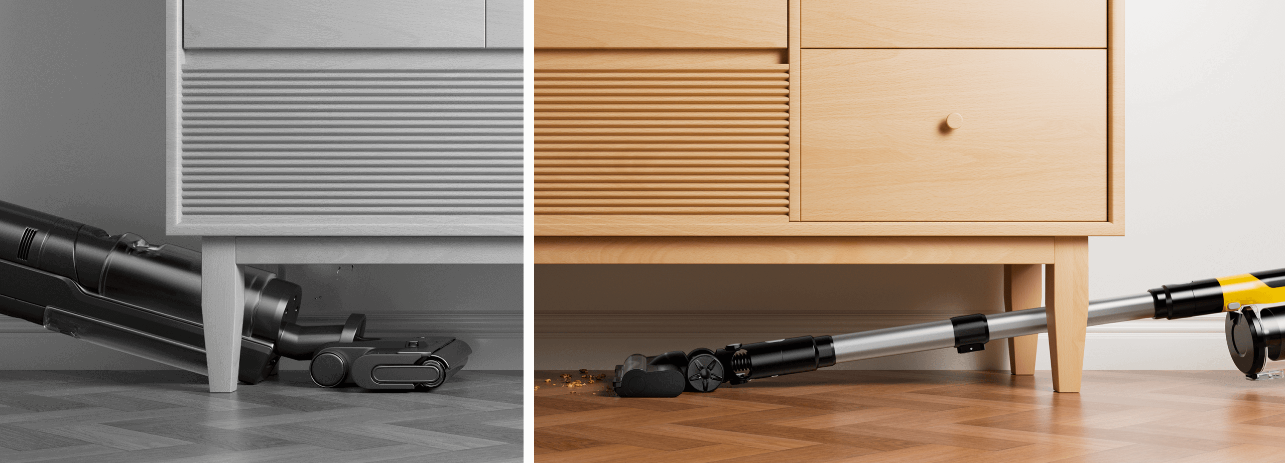 Cordless stick vacuum cleaner reaching under furniture with flexibility