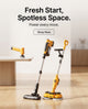 Qimedo Back to School mobile hero image showcasing V1 vacuum and M3 mop with centered text 'Fresh Start, Spotless Space' and a Shop Now button.