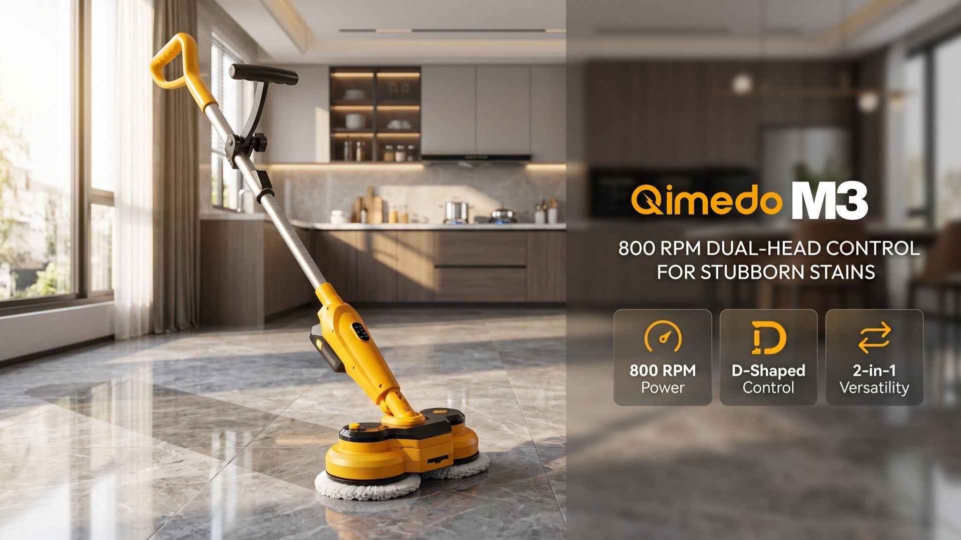 Qimedo M3-series dual-head cordless electric mop in a modern kitchen, highlighting 800 RPM power for stubborn floor stains.