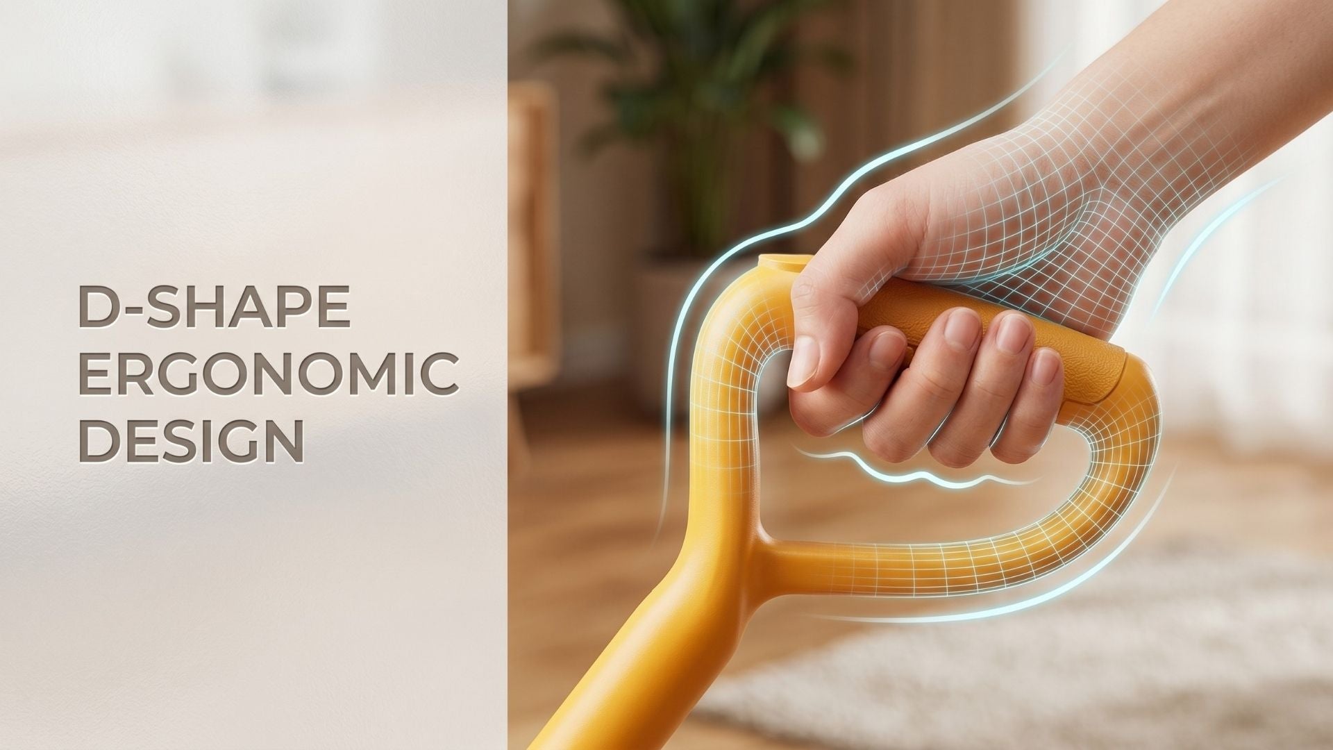 Close-up of the ergonomic D-shaped handle on a Qimedo M3-series electric mop, illustrating a comfortable grip for guided control.