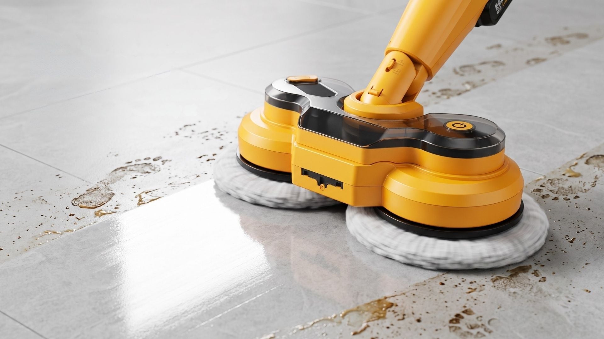 Qimedo M3-series dual-head mop cleaning muddy footprints and liquid spills on a hard floor, leaving a clean path.
