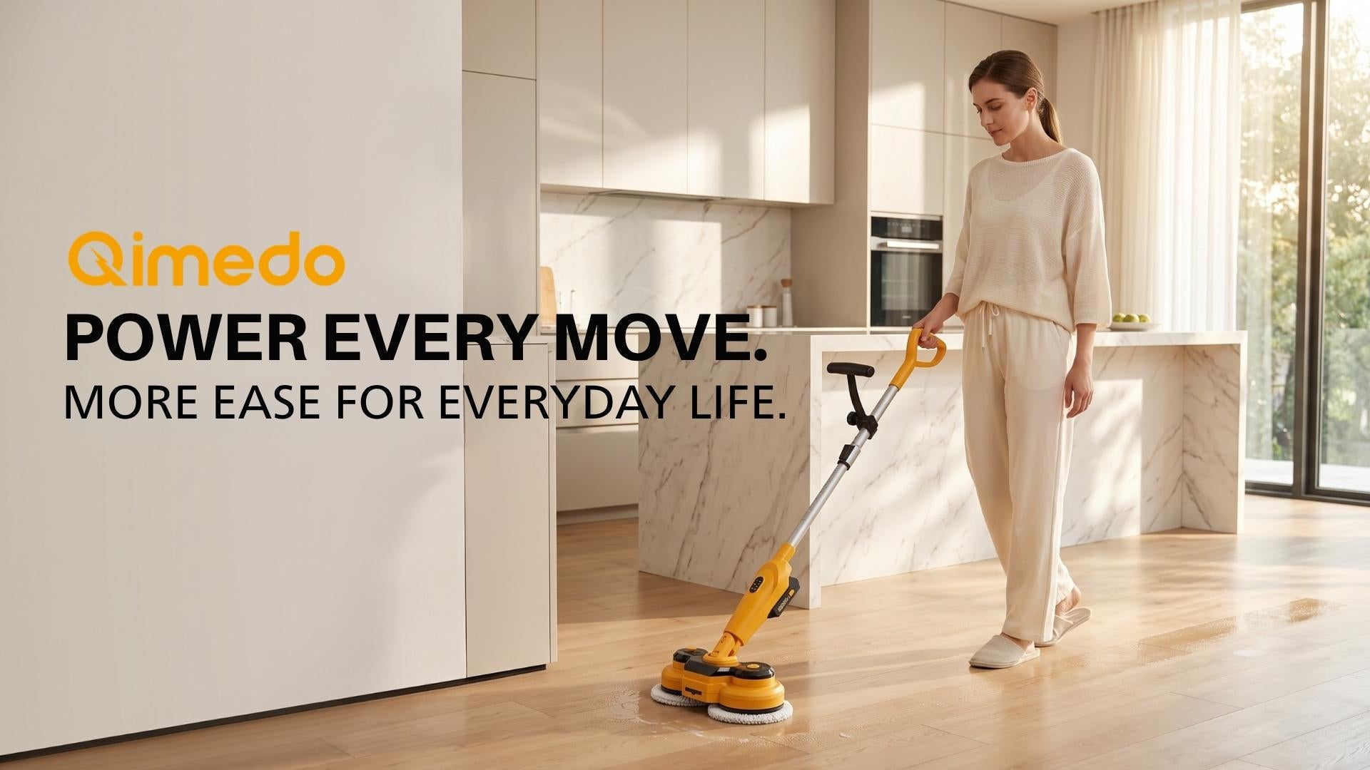 Woman using a yellow Qimedo M3-series electric mop in a bright home, expressing more ease for everyday floor cleaning.