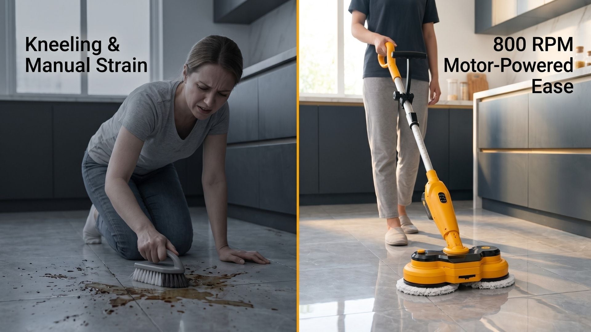 Side-by-side comparison of manual kneeling floor scrubbing and standing cleaning with an 800 RPM Qimedo M3-series electric mop.