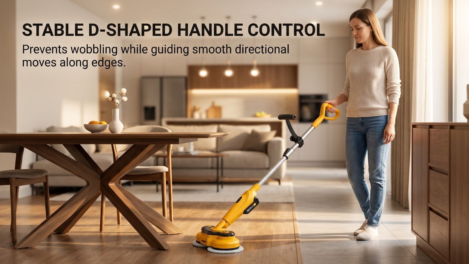 Woman guiding a yellow Qimedo M3-series electric mop across a living-room floor, demonstrating room-to-room directional control.